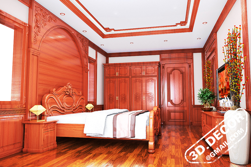 Nội thất phòng ngủ được thiết kế hoàn toàn bằng gỗ tự nhiên