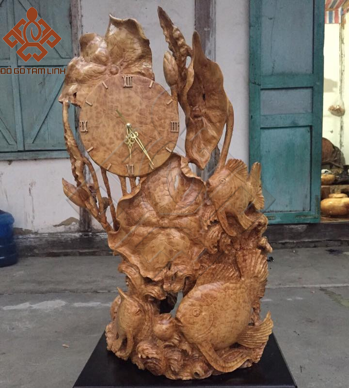 Toàn bộ tượng cá chép cây sen đồng hồ bằng gỗ Nu kháo