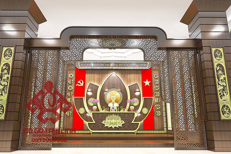Thiết kế nội thất phòng thờ Hồ Chí Minh bằng gỗ gụ cao cấp