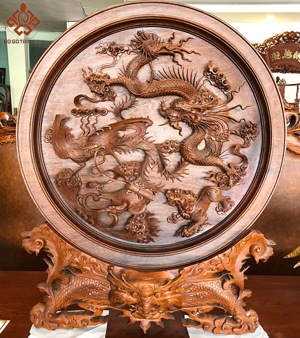 Tranh đĩa gỗ điêu khắc hình rồng phượng